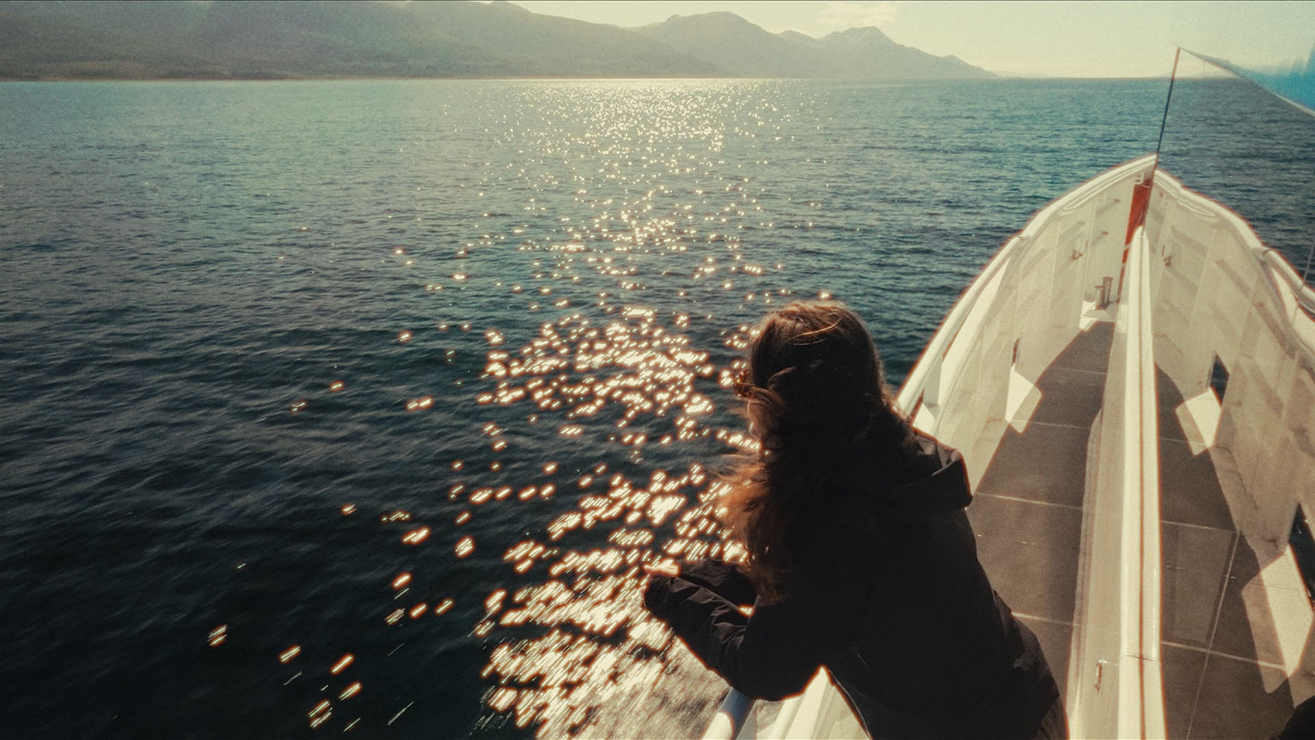 Girl on boat film look halation and grain